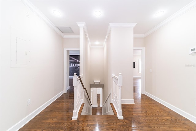 corridor featuring crown molding and dark wood-type flooring