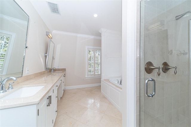 bathroom with large vanity, double sink, independent shower and bath, ornamental molding, and tile flooring