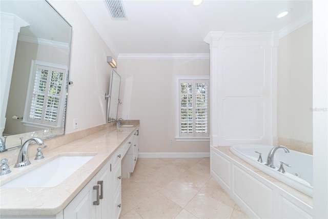 bathroom with plenty of natural light, tile flooring, oversized vanity, and dual sinks