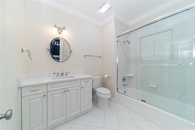 full bathroom with toilet, shower / bath combination with glass door, vanity, ornamental molding, and tile floors