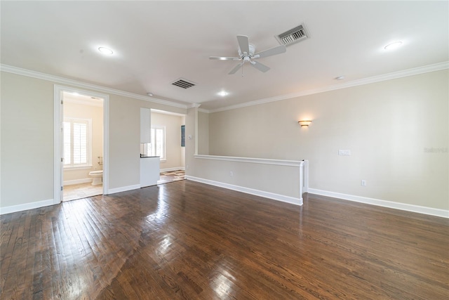 unfurnished room featuring crown molding, dark hardwood / wood-style floors, and ceiling fan