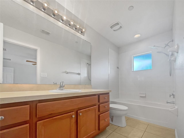 full bathroom with toilet, bathing tub / shower combination, ceiling fan, vanity, and tile floors