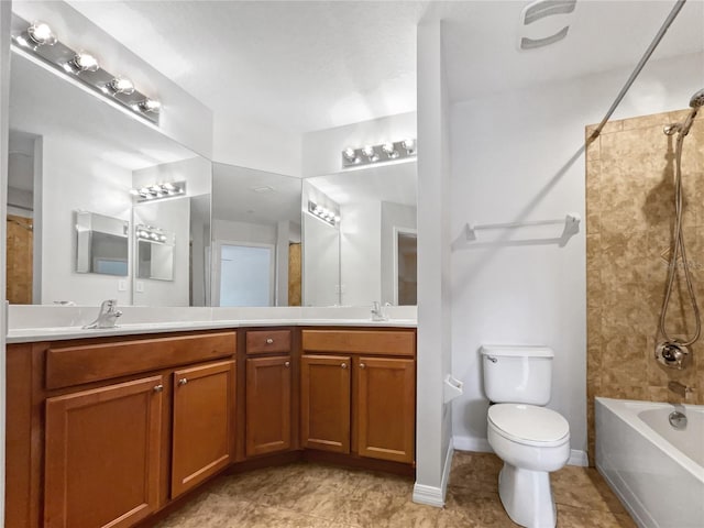 full bathroom featuring toilet, double vanity, tub / shower combination, and tile flooring