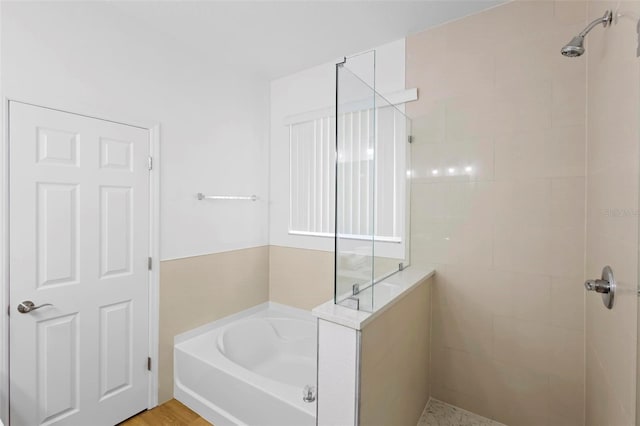 bathroom with hardwood / wood-style floors and plus walk in shower