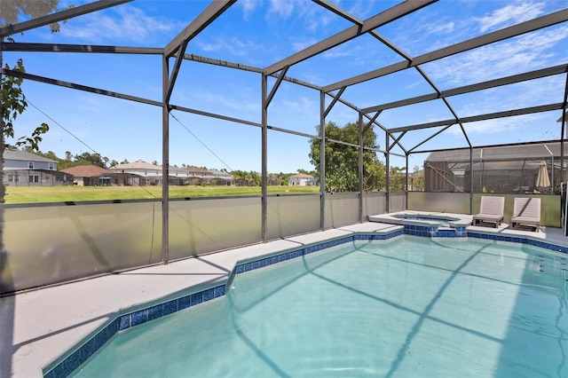 view of swimming pool featuring an in ground hot tub and glass enclosure