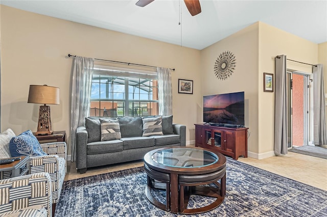 living room with tile flooring and ceiling fan