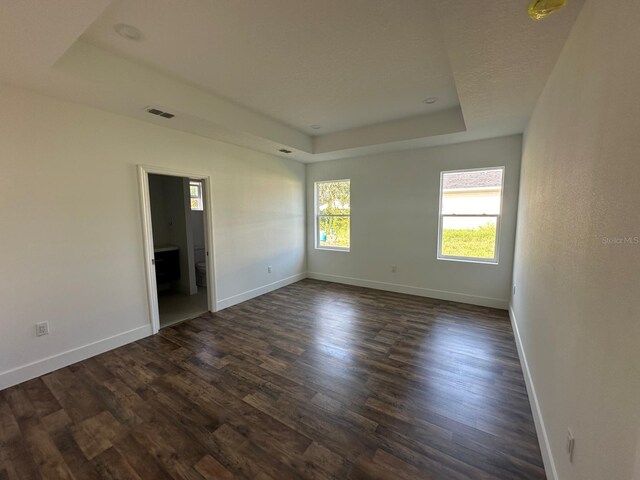 spare room with a tray ceiling and hardwood / wood-style floors