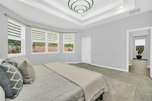 bedroom featuring a tray ceiling and carpet floors