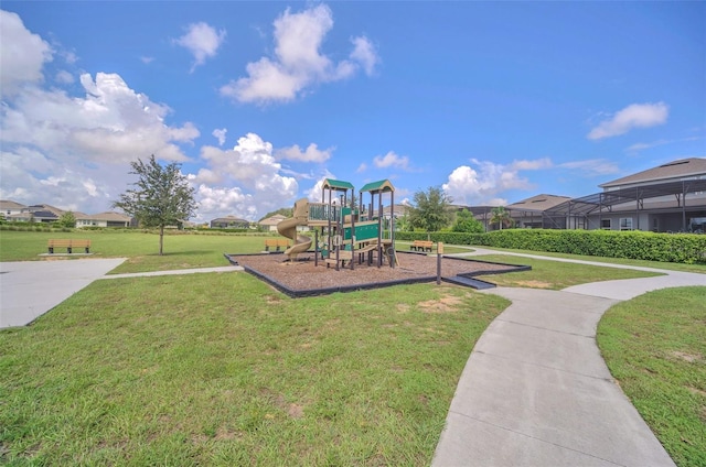 view of play area with a yard