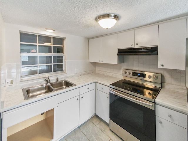 kitchen with stainless steel range with electric cooktop, extractor fan, white cabinets, backsplash, and sink