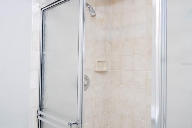 bathroom with a shower with shower door