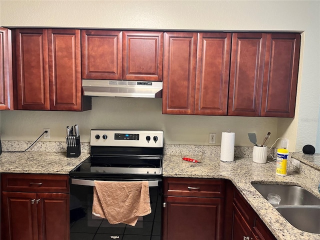 kitchen featuring light stone countertops, tile flooring, sink, and stainless steel electric stove