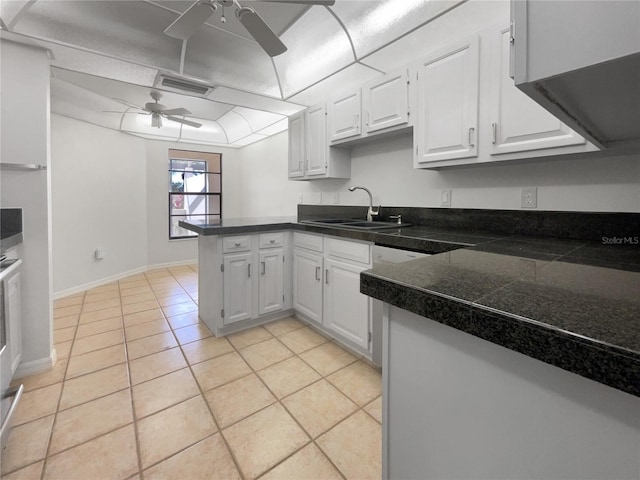 kitchen with white cabinetry, ceiling fan, kitchen peninsula, and sink