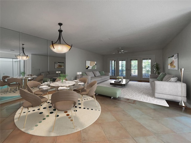 dining space with light tile flooring and ceiling fan