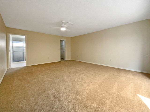 carpeted spare room featuring ceiling fan and a textured ceiling