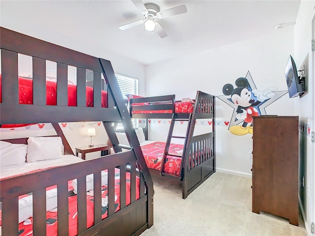 bedroom with light colored carpet and ceiling fan