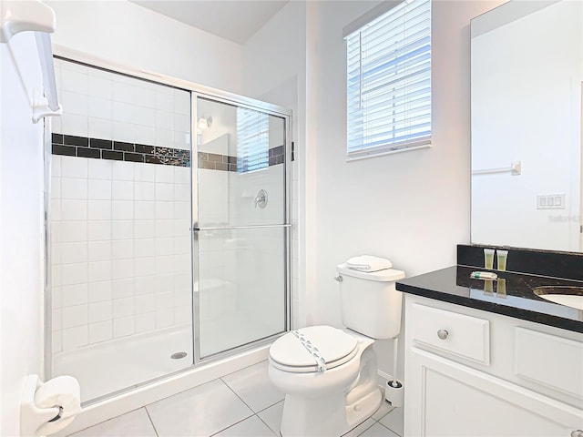 bathroom with toilet, tile floors, an enclosed shower, and vanity