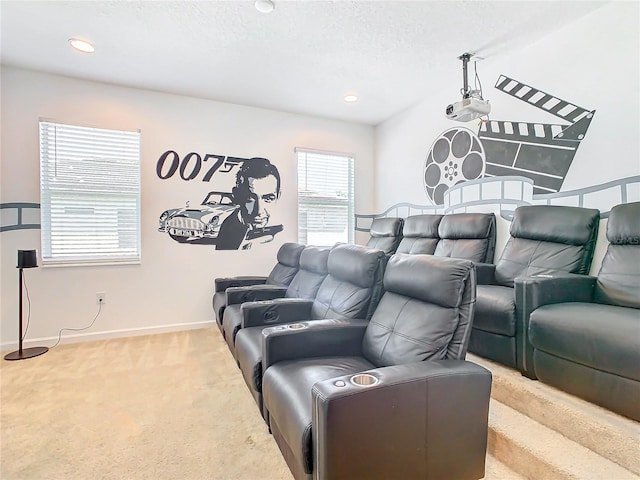 cinema with a textured ceiling and light colored carpet