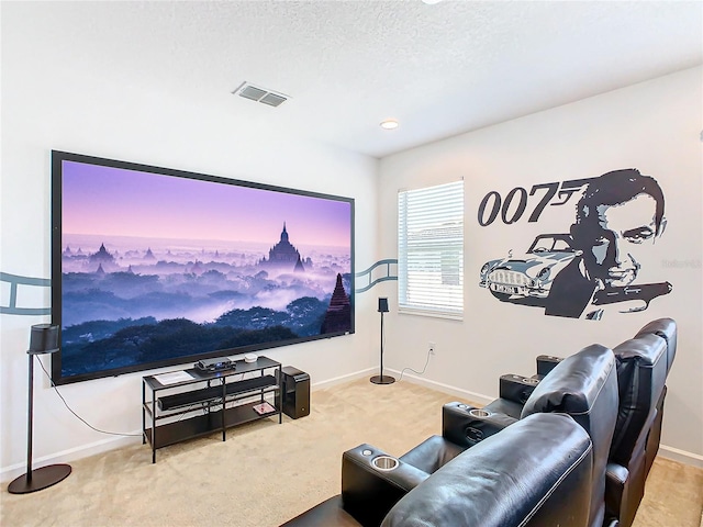 interior space with light carpet and a textured ceiling