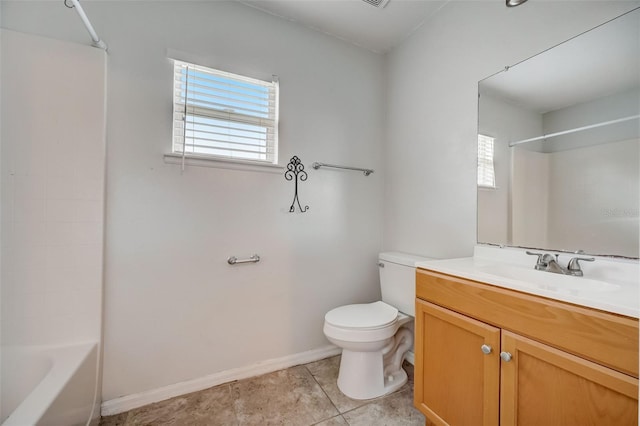 full bathroom with shower / bath combination, toilet, tile flooring, and vanity