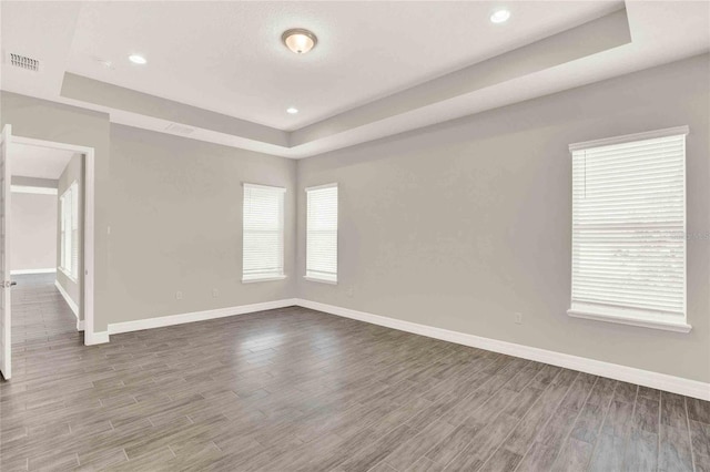 empty room with a tray ceiling, a wealth of natural light, and dark hardwood / wood-style floors