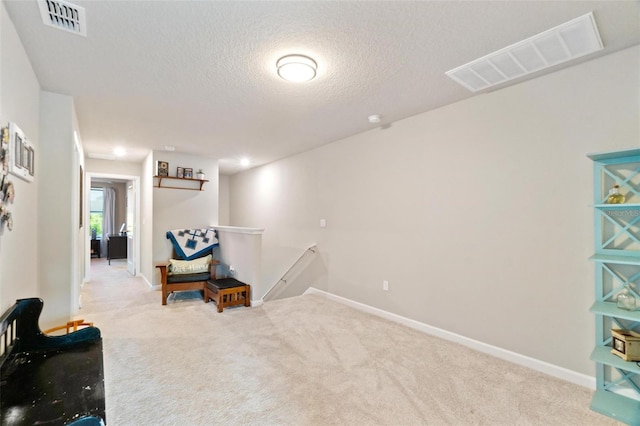 sitting room with light carpet and a textured ceiling