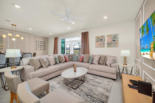 living room featuring ceiling fan