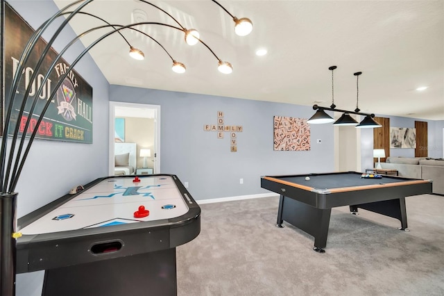 rec room featuring light carpet and pool table