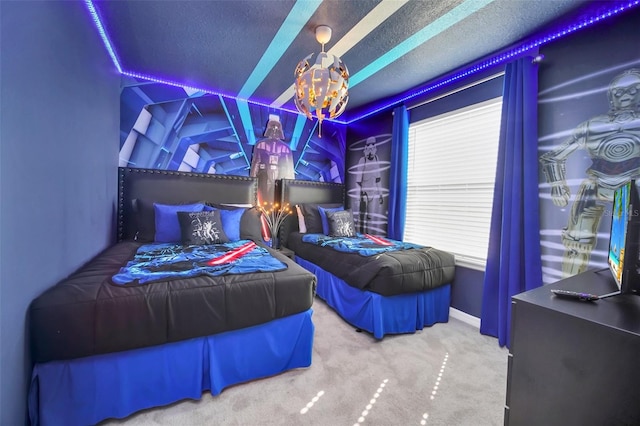 bedroom with carpet flooring, a chandelier, and a textured ceiling