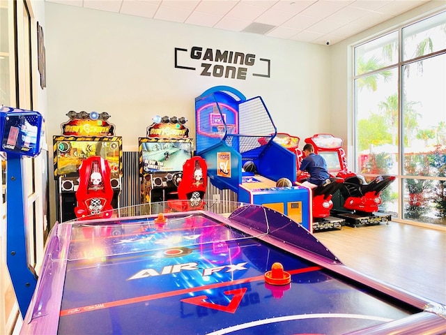 game room featuring wood-type flooring and a drop ceiling