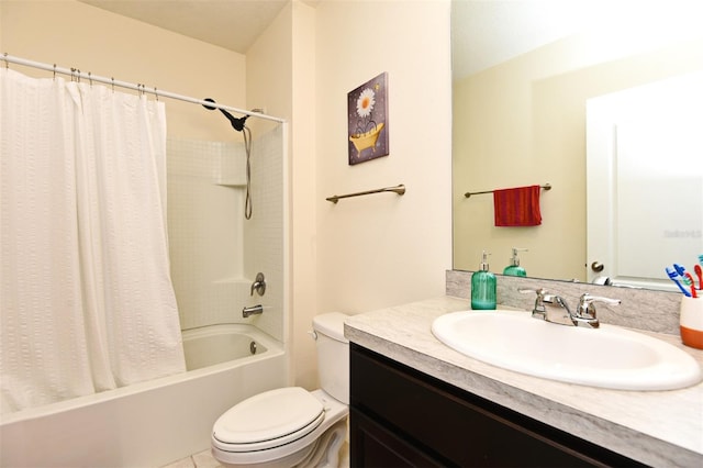 full bathroom with shower / bath combination with curtain, toilet, tile floors, and oversized vanity