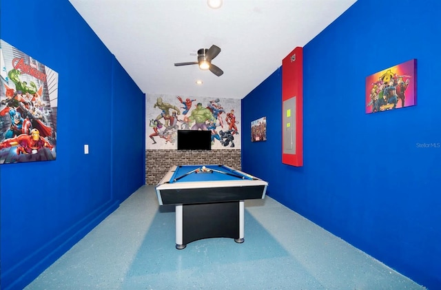 rec room featuring pool table and ceiling fan