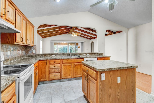 kitchen with a center island, tasteful backsplash, sink, lofted ceiling with beams, and electric range