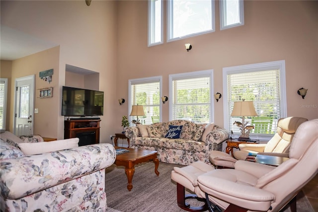 living room featuring a high ceiling