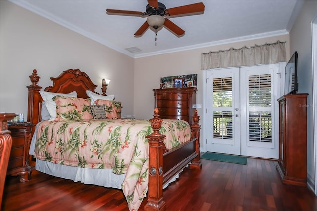 bedroom with access to outside, french doors, crown molding, dark hardwood / wood-style flooring, and ceiling fan