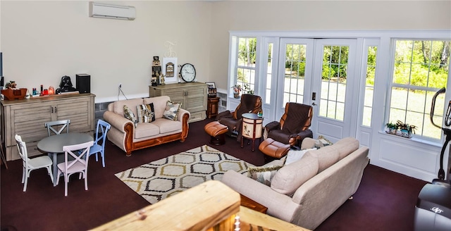 carpeted living room featuring a wall mounted AC, a wealth of natural light, and french doors