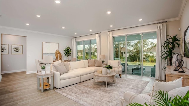 living room with ornamental molding and light hardwood / wood-style floors