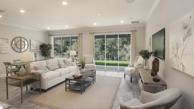 living room featuring ornamental molding and light hardwood / wood-style flooring