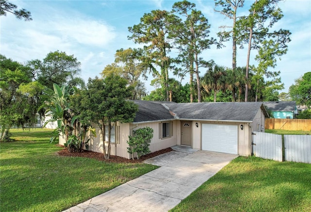 ranch-style home featuring a garage and a front lawn