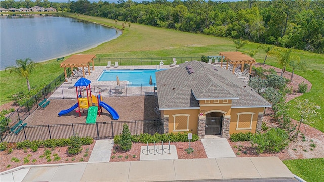 drone / aerial view with a water view