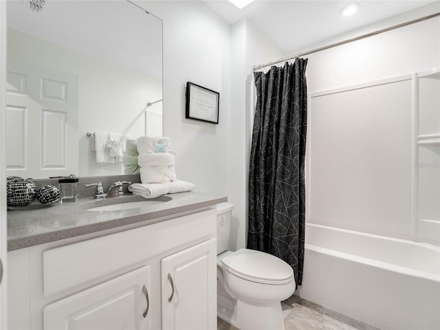 full bathroom featuring toilet, shower / tub combo with curtain, tile floors, and oversized vanity