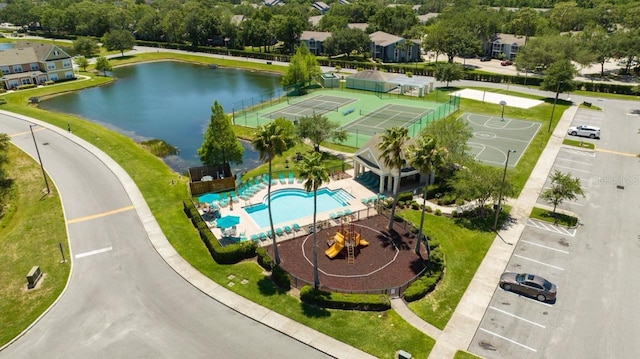 aerial view featuring a water view