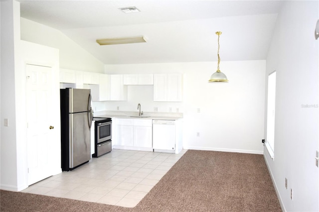 kitchen with light carpet, white cabinetry, appliances with stainless steel finishes, and sink