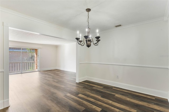 unfurnished dining area with crown molding, a chandelier, and dark hardwood / wood-style floors