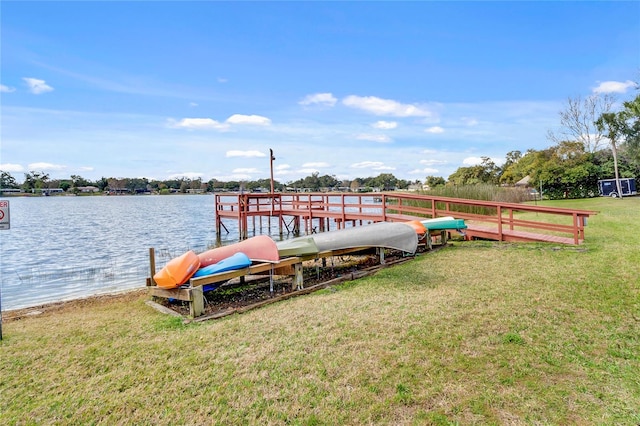 view of dock with a water view and a lawn