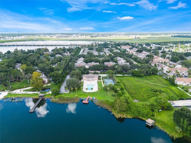 drone / aerial view with a water view