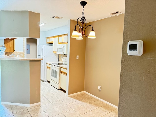 kitchen featuring white appliances, backsplash, decorative light fixtures, light tile patterned flooring, and a chandelier