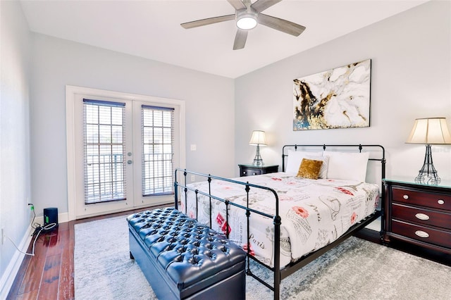 bedroom with access to outside, ceiling fan, and hardwood / wood-style floors