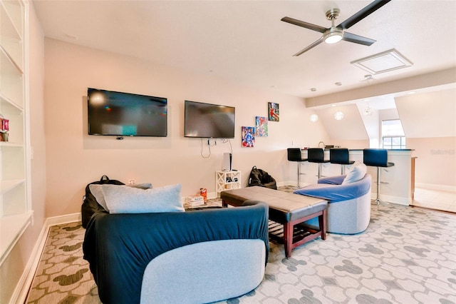 living room featuring ceiling fan