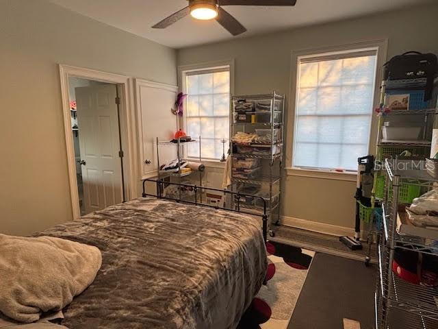 bedroom with ceiling fan, multiple windows, and baseboards